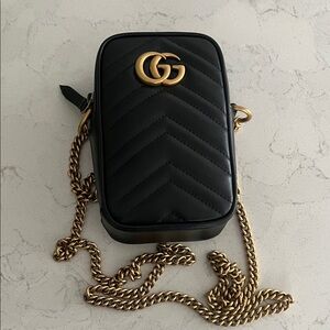 Gucci Chevron Black Crossbody with Gold Accents